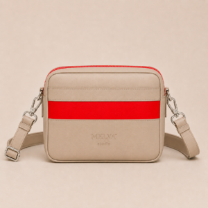MELVA° Studio Umhängetasche in Beige mit neonrotem Akzentstreifen
